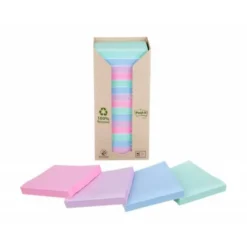 BLOC DE NOTAS ADHESIVAS QUITA Y PON POST-IT 76X76 MM 100% RECICLADO PEFC EN TORRE PACK DE 16 UNIDADES COLORES