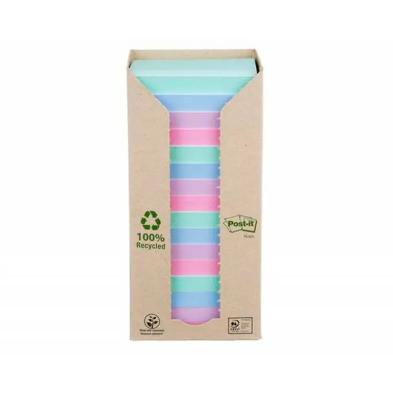 BLOC DE NOTAS ADHESIVAS QUITA Y PON POST-IT 76X76 MM 100% RECICLADO PEFC EN TORRE PACK DE 16 UNIDADES COLORES