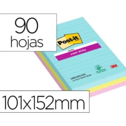 BLOC DE NOTAS ADHESIVAS QUITA Y PON POST-IT SUPER STICKY COSMIC RAYADO 90 HOJAS 101X152 MM PAQUETE DE 3