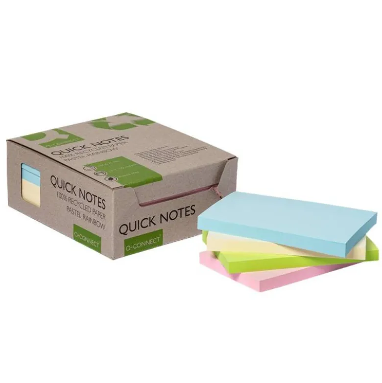 BLOC DE NOTAS ADHESIVAS QUITA Y PON Q-CONNECT 76X127 MM 100% PAPEL RECICLADO COLORES PASTELES EN CAJA DE CARTON