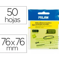 BLOC DE NOTAS ADHESIVAS QUITA Y PON MILAN 76X76 MM REMOVIBLE PLASTICO TRANSLUCIDO AMARILLO FLUOR 50