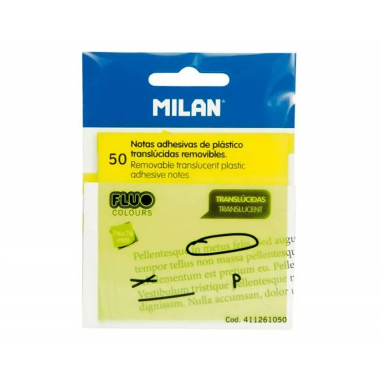 BLOC DE NOTAS ADHESIVAS QUITA Y PON MILAN 76X76 MM REMOVIBLE PLASTICO TRANSLUCIDO AMARILLO FLUOR 50