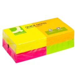 Bloc de notas adhesivas quita y pon q-connect 76x76 mm con 80 hojas fluorescentes pack de 12 en 4 colores