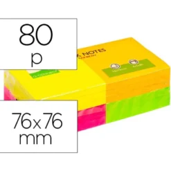 Bloc de notas adhesivas quita y pon q-connect 76x76 mm con 80 hojas fluorescentes pack de 12 en 4 colores