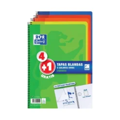 BLOC ESPIRAL OXFORD TAPA BLANDA FOLIO 80 HOJAS 90GR CUADRO 4 MM COLORES VIVOS PACK DE 4+1
