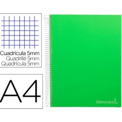 Bloc Liderpapel Din A4 micro jolly cuadrícula 5mm 5 bandas 4 taladros tapa forrada 75 gr 140 hojas color verde