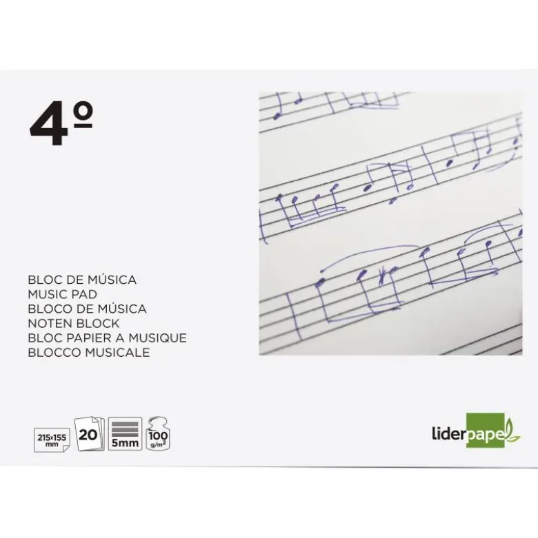 Bloc musica Liderpapel Cuarto interlineado 5mm 4 pentagramas por página