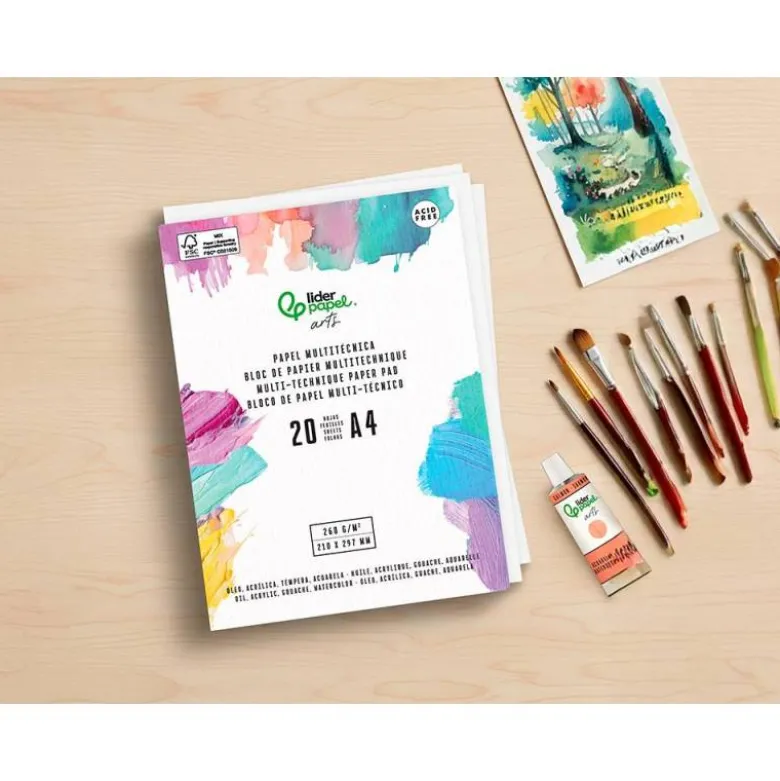 BLOC PAPEL MULTITECNICA LIDERPAPEL DIN A4 PARA ACRILICO OLEO Y GOUACHE 20 HOJAS GRAMAJE 260G/M2