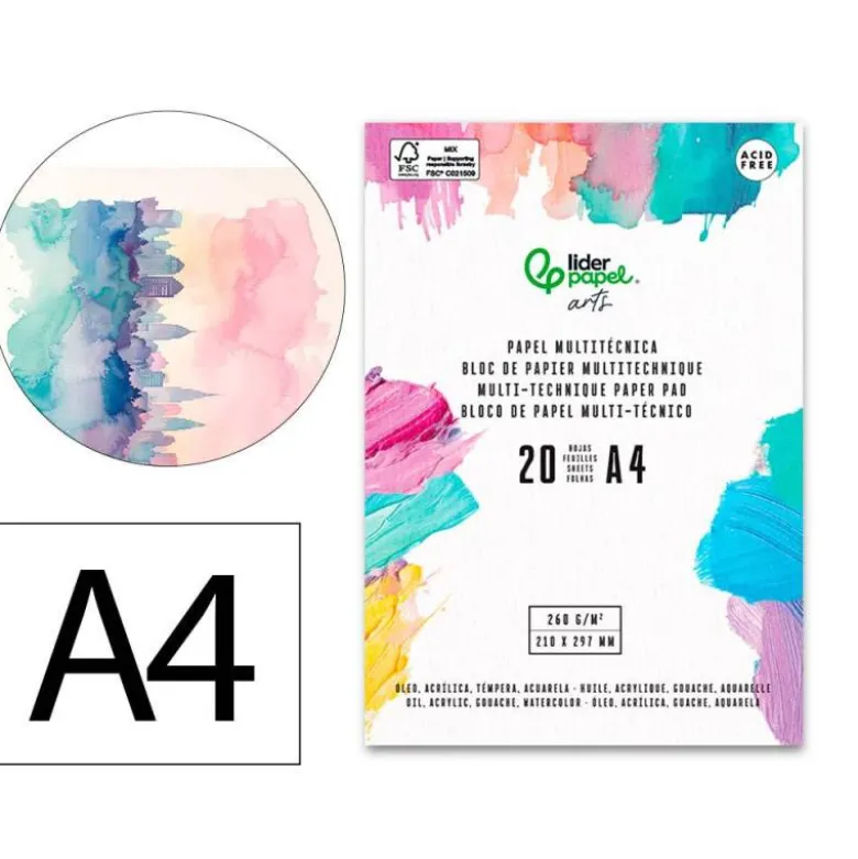 BLOC PAPEL MULTITECNICA LIDERPAPEL DIN A4 PARA ACRILICO OLEO Y GOUACHE 20 HOJAS GRAMAJE 260G/M2