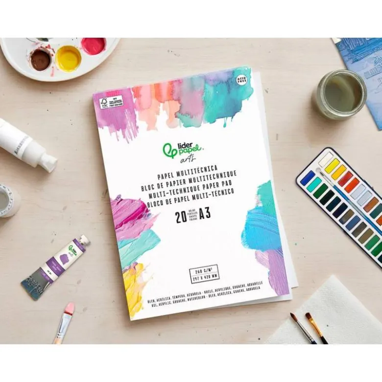 BLOC PAPEL MULTITECNICA LIDERPAPEL DIN A3 PARA ACRILICO OLEO Y GOUACHE 20 HOJAS GRAMAJE 260G/M2