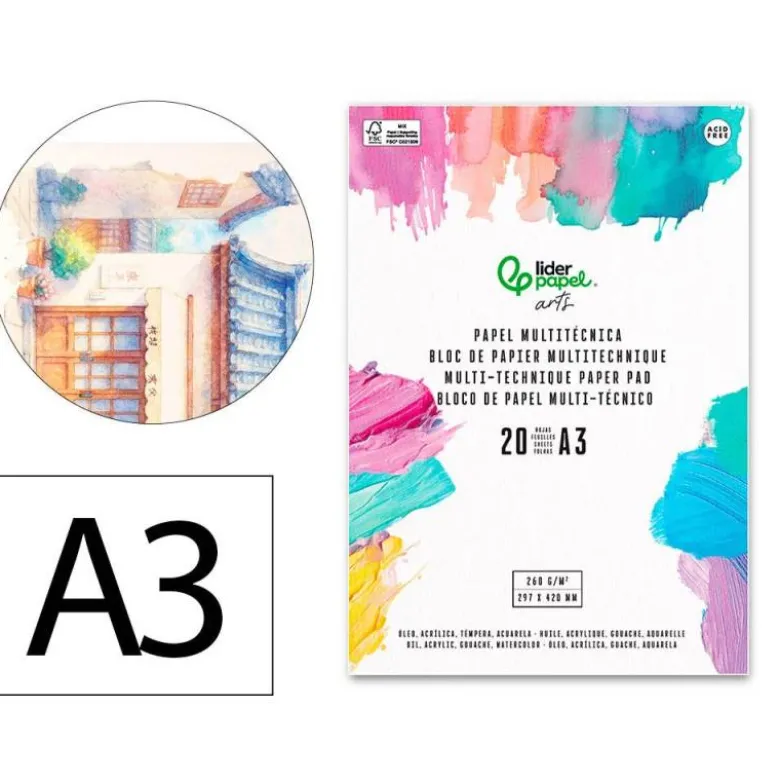 BLOC PAPEL MULTITECNICA LIDERPAPEL DIN A3 PARA ACRILICO OLEO Y GOUACHE 20 HOJAS GRAMAJE 260G/M2