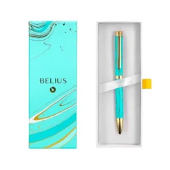 BOLIGRAFO BELIUS AQUA ALUMINIO COLOR TURQUESA Y DORADO TINTA AZUL CAJA DE DISEÑO