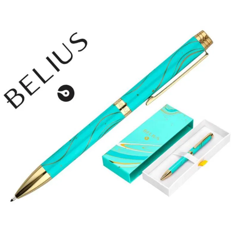 BOLIGRAFO BELIUS AQUA ALUMINIO COLOR TURQUESA Y DORADO TINTA AZUL CAJA DE DISEÑO