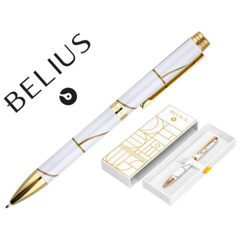 BOLIGRAFO BELIUS CARTE BLANCHE COLOR Y BLANCO DORADO TINTA AZUL CAJA DE DISEÑO