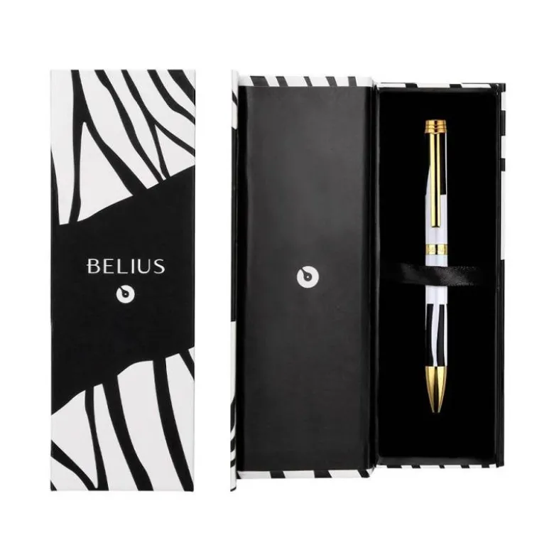 BOLIGRAFO BELIUS DUALITA CUERPO BLANCO COLOR NEGRO TINTA AZUL CAJA DE DISEÑO