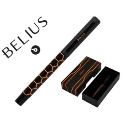 BOLIGRAFO BELIUS LEGACY ALUMINIO DISEÑO HEXAGONO NARANJA CUERPO NEGRO TINTA COLOR AZUL CAJA DE DISEÑO