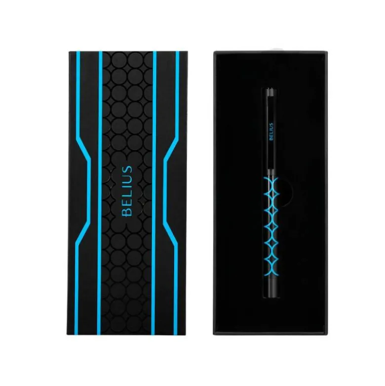 BOLIGRAFO BELIUS LEGACY ALUMINIO DISEÑO CIRCULOS AZUL CUERPO NEGRO TINTA COLOR AZUL CAJA DE DISEÑO