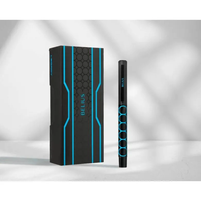 BOLIGRAFO BELIUS LEGACY ALUMINIO DISEÑO CIRCULOS AZUL CUERPO NEGRO TINTA COLOR AZUL CAJA DE DISEÑO