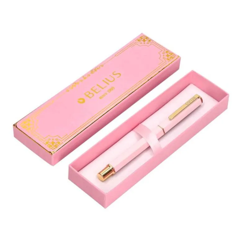 BOLIGRAFO BELIUS MACARON BLISS FORMA HEXAGONAL COLOR ROSA Y DORADO TINTA AZUL CAJA DE DISEÑO