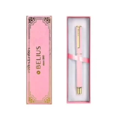 BOLIGRAFO BELIUS MACARON BLISS FORMA HEXAGONAL COLOR ROSA Y DORADO TINTA AZUL CAJA DE DISEÑO