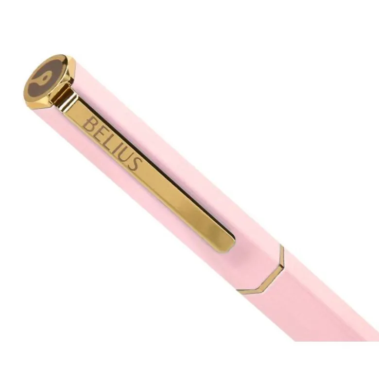 BOLIGRAFO BELIUS MACARON BLISS FORMA HEXAGONAL COLOR ROSA Y DORADO TINTA AZUL CAJA DE DISEÑO