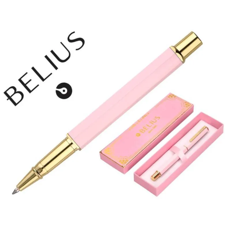 BOLIGRAFO BELIUS MACARON BLISS FORMA HEXAGONAL COLOR ROSA Y DORADO TINTA AZUL CAJA DE DISEÑO