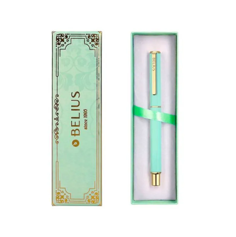 BOLIGRAFO BELIUS MACARON BLISS FORMA HEXAGONAL COLOR VERDE DORADO TINTA AZUL CAJA DE DISEÑO