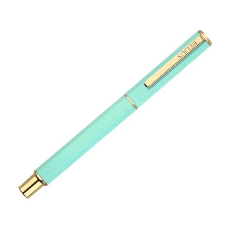 BOLIGRAFO BELIUS MACARON BLISS FORMA HEXAGONAL COLOR VERDE DORADO TINTA AZUL CAJA DE DISEÑO
