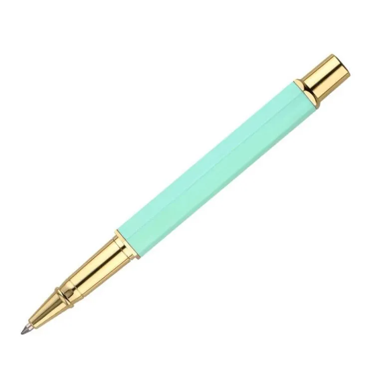 BOLIGRAFO BELIUS MACARON BLISS FORMA HEXAGONAL COLOR VERDE DORADO TINTA AZUL CAJA DE DISEÑO