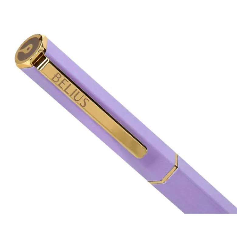 BOLIGRAFO BELIUS MACARON BLISS FORMA HEXAGONAL COLOR MORADO Y DORADO TINTA AZUL CAJA DE DISEÑO