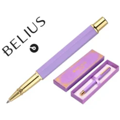 BOLIGRAFO BELIUS MACARON BLISS FORMA HEXAGONAL COLOR MORADO Y DORADO TINTA AZUL CAJA DE DISEÑO