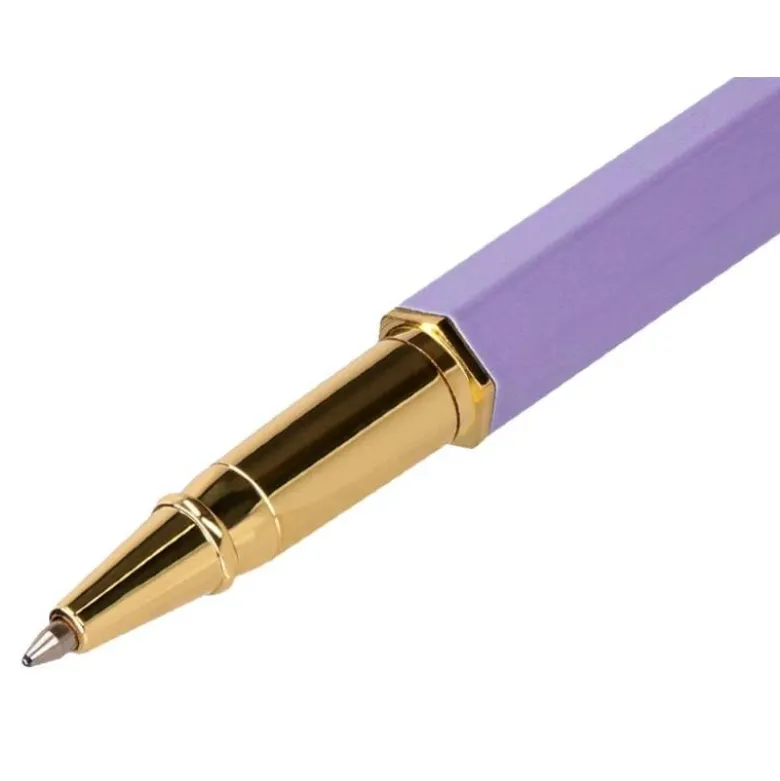 BOLIGRAFO BELIUS MACARON BLISS FORMA HEXAGONAL COLOR MORADO Y DORADO TINTA AZUL CAJA DE DISEÑO