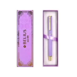 BOLIGRAFO BELIUS MACARON BLISS FORMA HEXAGONAL COLOR MORADO Y DORADO TINTA AZUL CAJA DE DISEÑO