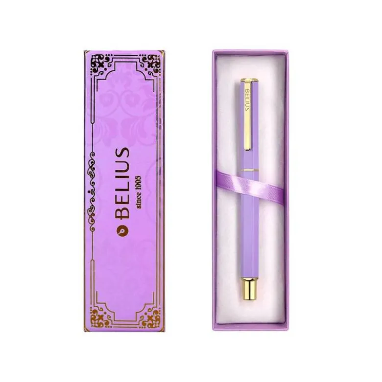 BOLIGRAFO BELIUS MACARON BLISS FORMA HEXAGONAL COLOR MORADO Y DORADO TINTA AZUL CAJA DE DISEÑO