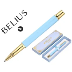 BOLIGRAFO BELIUS MACARON BLISS FORMA HEXAGONAL COLOR CELESTE Y DORADO TINTA AZUL CAJA DE DISEÑO