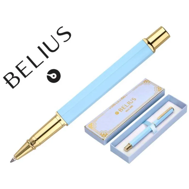 BOLIGRAFO BELIUS MACARON BLISS FORMA HEXAGONAL COLOR CELESTE Y DORADO TINTA AZUL CAJA DE DISEÑO