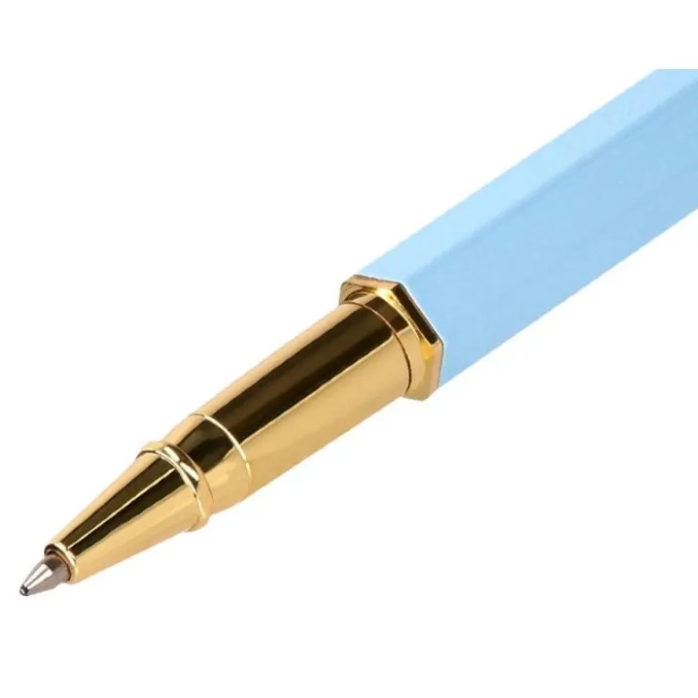 BOLIGRAFO BELIUS MACARON BLISS FORMA HEXAGONAL COLOR CELESTE Y DORADO TINTA AZUL CAJA DE DISEÑO
