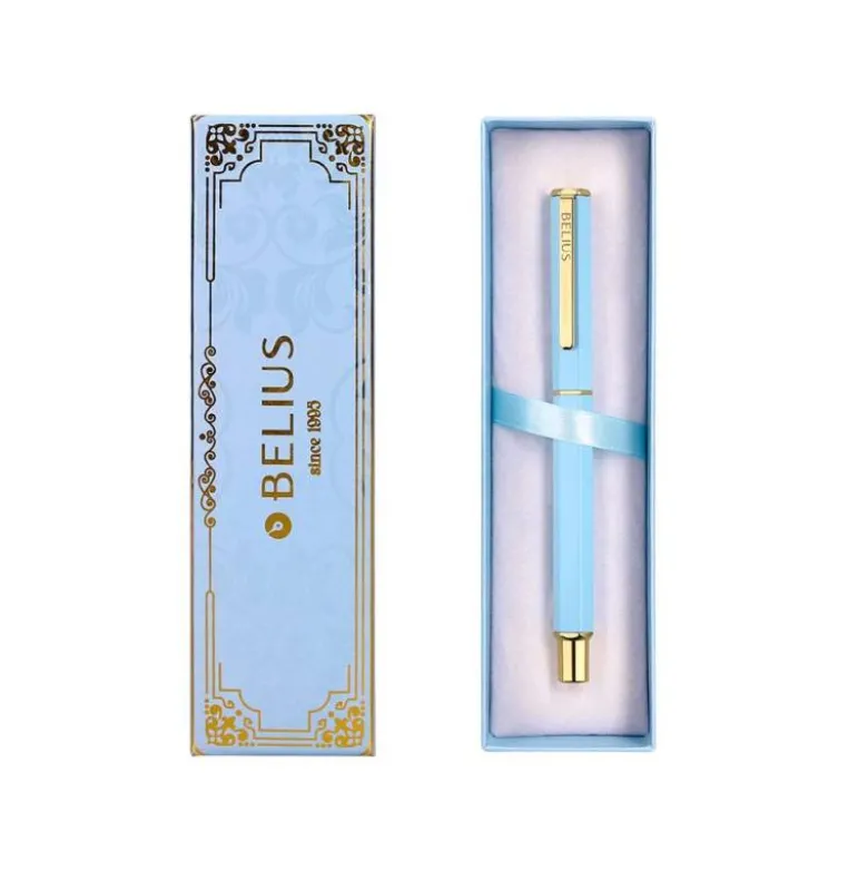 BOLIGRAFO BELIUS MACARON BLISS FORMA HEXAGONAL COLOR CELESTE Y DORADO TINTA AZUL CAJA DE DISEÑO