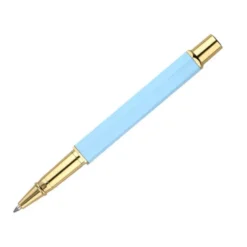 BOLIGRAFO BELIUS MACARON BLISS FORMA HEXAGONAL COLOR CELESTE Y DORADO TINTA AZUL CAJA DE DISEÑO