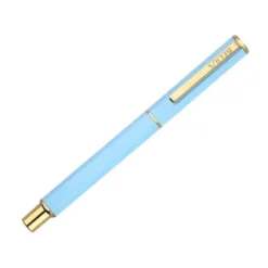 BOLIGRAFO BELIUS MACARON BLISS FORMA HEXAGONAL COLOR CELESTE Y DORADO TINTA AZUL CAJA DE DISEÑO