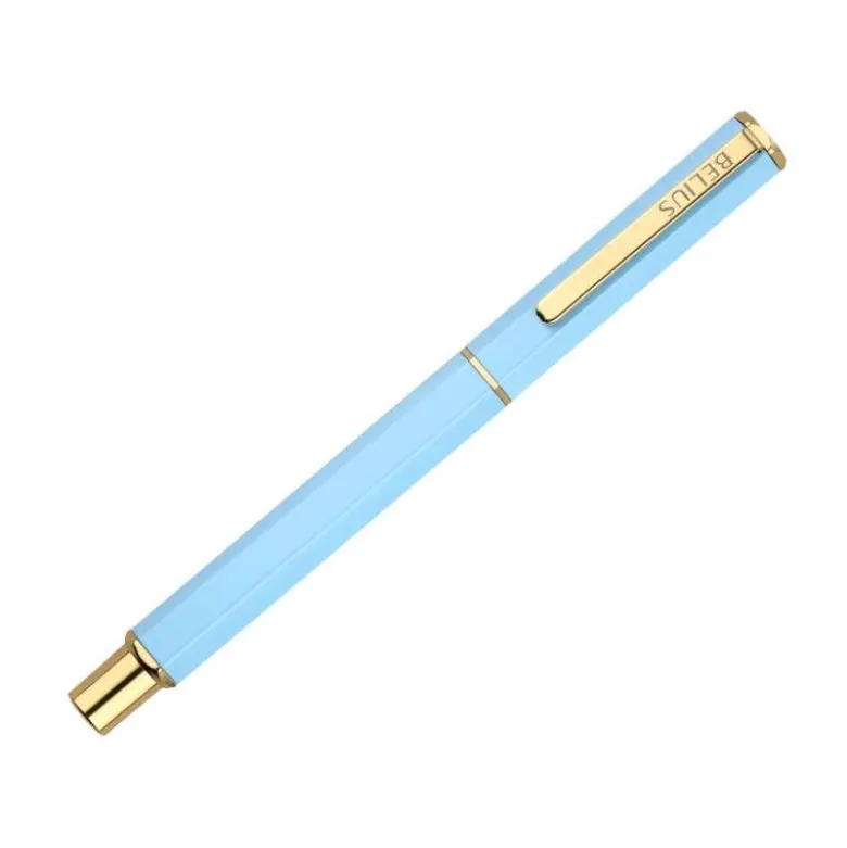 BOLIGRAFO BELIUS MACARON BLISS FORMA HEXAGONAL COLOR CELESTE Y DORADO TINTA AZUL CAJA DE DISEÑO