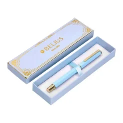 BOLIGRAFO BELIUS MACARON BLISS FORMA HEXAGONAL COLOR CELESTE Y DORADO TINTA AZUL CAJA DE DISEÑO