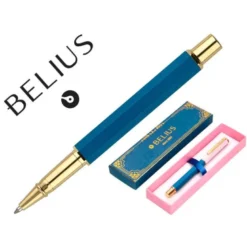 BOLIGRAFO BELIUS MACARON BLISS FORMA HEXAGONAL COLOR ROSA/ AZUL Y DORADO TINTA AZUL CAJA DE DISEÑO