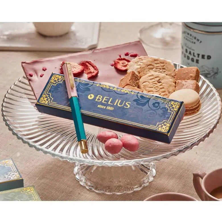 BOLIGRAFO BELIUS MACARON BLISS FORMA HEXAGONAL COLOR ROSA/ AZUL Y DORADO TINTA AZUL CAJA DE DISEÑO