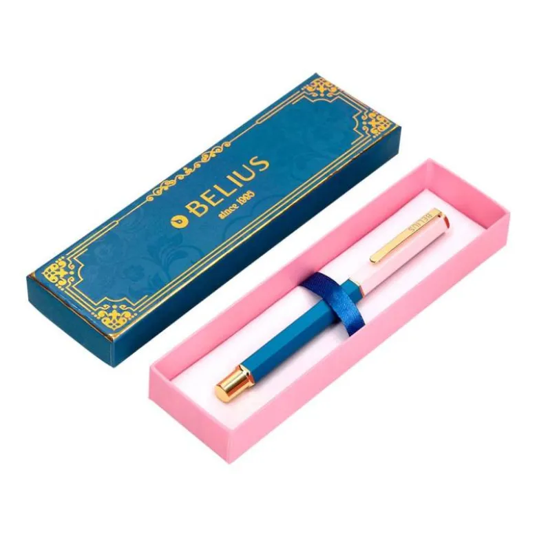 BOLIGRAFO BELIUS MACARON BLISS FORMA HEXAGONAL COLOR ROSA/ AZUL Y DORADO TINTA AZUL CAJA DE DISEÑO
