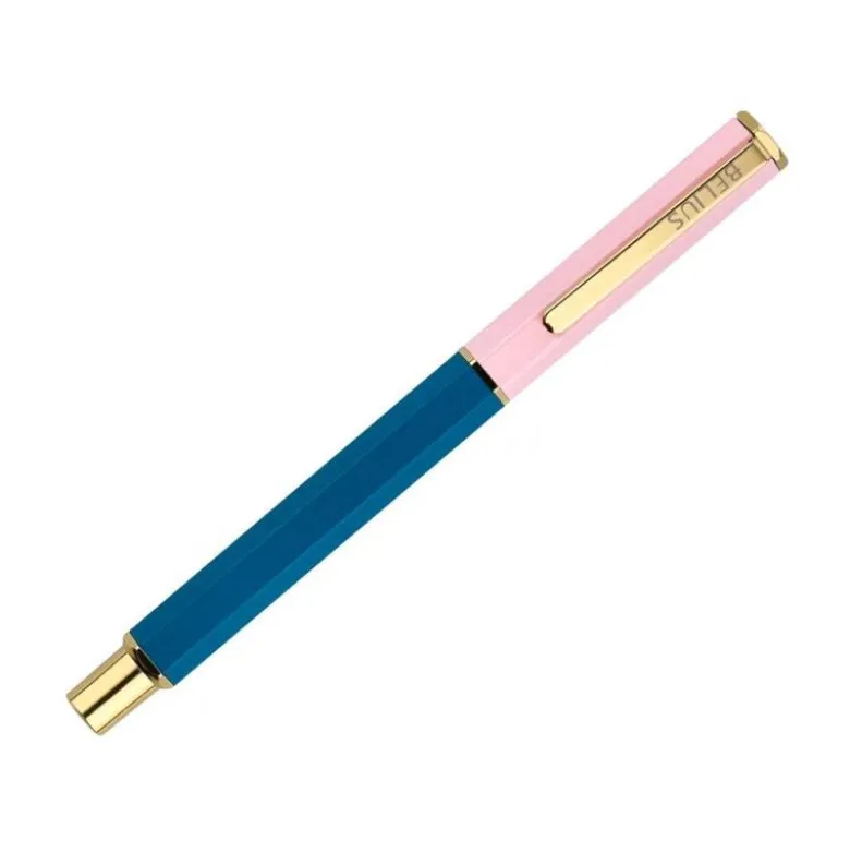 BOLIGRAFO BELIUS MACARON BLISS FORMA HEXAGONAL COLOR ROSA/ AZUL Y DORADO TINTA AZUL CAJA DE DISEÑO