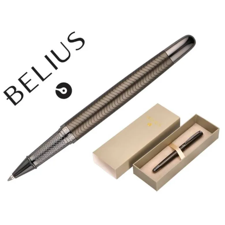 BOLIGRAFO BELIUS NEPTUNO ALUMINIO TEXTURA WAVY COLOR CAQUI TINTA AZUL CAJA DE DISEÑO