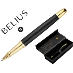 BOLIGRAFO BELIUS PASSION DOR ALUMINIO TEXTURA CEPILLADA COLOR NEGRO Y DORADO TINTA AZUL CAJA DE DISEÑO
