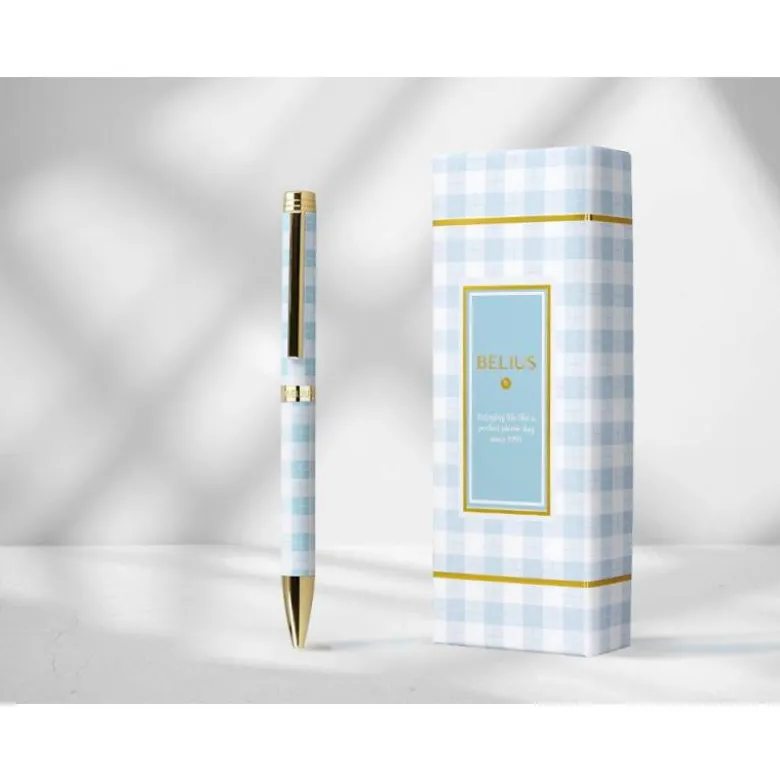 BOLIGRAFO BELIUS PERFECT PICNIC DAY ALUMINIO COLOR AZUL CELESTE DORADO TINTA AZULCAJA DE DISEÑO