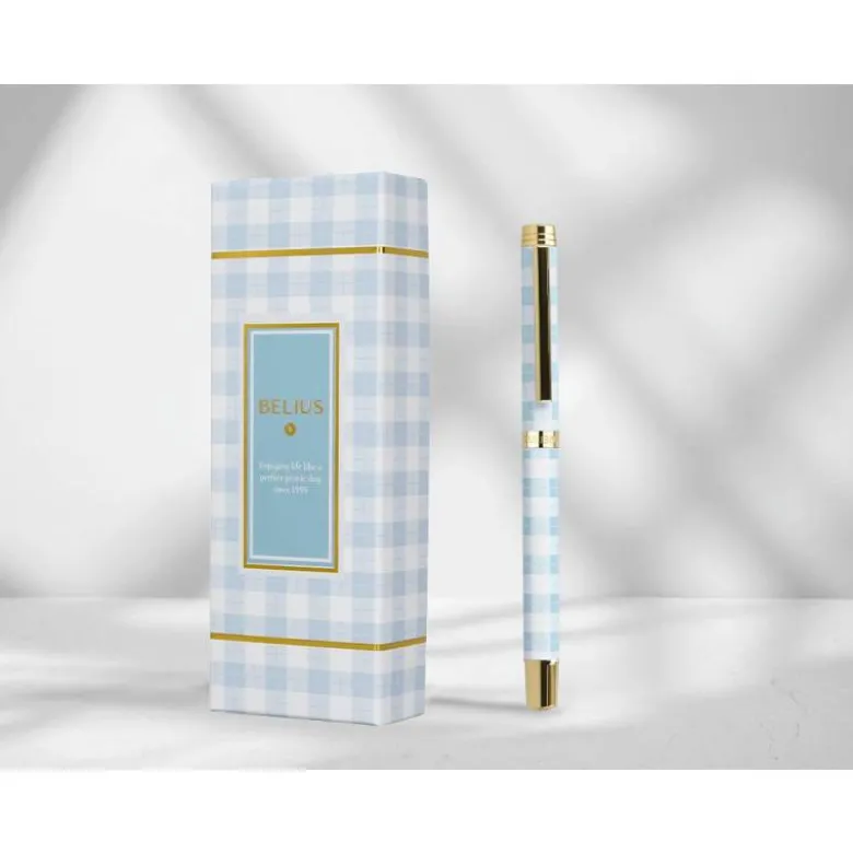 BOLIGRAFO BELIUS PERFECT PICNIC DAY ALUMINIO COLOR AZUL CELESTE DORADO TINTA AZULCAJA DE DISEÑO
